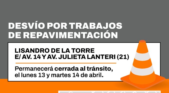 Desvío por obras desde el lunes 13, en Lisandro de la Torre entre las avenidas 14 y 21